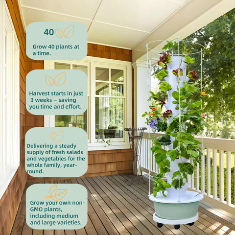 Vertical Hydroponic Tower Garden Kit With Trellis For Indoor And Outdoor Growing 40 Planting Pods on a porch