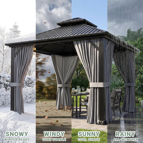 Hardtop Outdoor Gazebo With Aluminum Frame And Double Galvanized Steel Roof For Patio Backyard Or Deck Curtain Netting Included Dark Grey 10x12 Pergola Built To Weather The Elements in all seasons