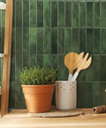 Peel And Stick Backsplash Tile Set, 5 Sheets Of 11.43 X 9 Inches, 3D Adhesive, Sefrou Green Finish in a kitchen setting.