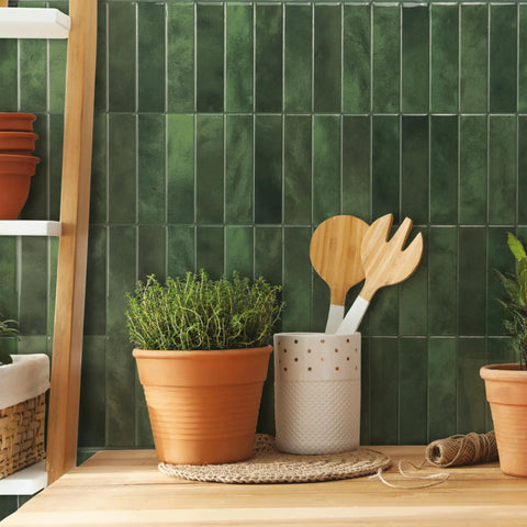 Peel And Stick Backsplash Tile Set, 5 Sheets Of 11.43 X 9 Inches, 3D Adhesive, Sefrou Green Finish in a kitchen setting.