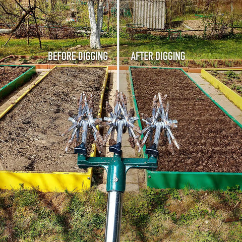 63 Inch Long Handle Rotary Tiller For Easy Gardening Adjustable From 25 To 63 Inches Aluminum Detachable Tines in garden before and after use