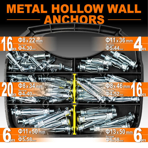 Heavy Duty Hollow Wall Anchors Kit For Drywall Multi Size Screw Set 68 Piece Assortment With Zinc Plated Steel Bolts in case