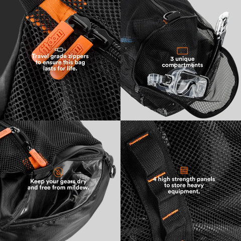 Close-up of 90L Large Mesh Duffle Bag for Scuba Gear, showing travel zippers, compartments, and durable panels.