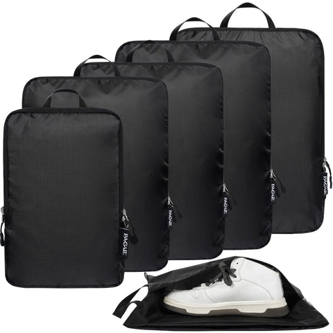 Ultralight Six Piece Compression Packing Cubes Set For Travel Organizer Luggage And Backpack Durable 70D Black Fabric Go To Space Saver For Quick Access No Fuss Repacking with shoe bag