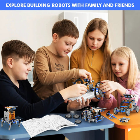 Children building robots using 13 In 1 Solar Powered Robot Kit For Kids Aged 8 To 12, Hands On STEM Educational Toy Set For Building Land And Water Robots, Great Birthday Gift For Curious Kids.