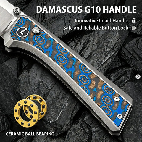 Dope Damascus Inlaid G10 EDC Pocket Knife With 3.4 Inch 14C28N Blade, Compound Grind, High Performance Folding Knife For Everyday Carry, Standout Craft And Modern Rugged Style, blue inlaid handle close-up