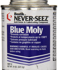 Front view of Blue Moly Anti Seize Compound For Extreme Temperatures From Minus 150 Degree F To 1500 Degree F 8 Oz Brush Top Can No Graphite Lead Or Copper High Temperature Lubricant For Fasteners Machinery Automotive And Heavy Equipment can with label details.