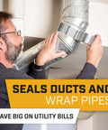 Man using Heavy Duty Aluminum Foil Tape 2 Inch By 225 Feet Pack Of 3 For HVAC Duct Sealing Dryer Vent Heat Insulation And Ductwork Repairs.