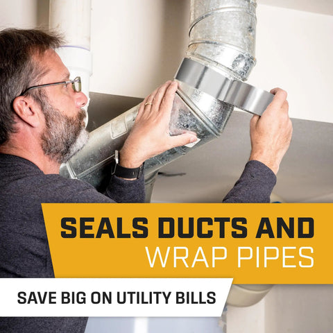 Man using Heavy Duty Aluminum Foil Tape 2 Inch By 225 Feet Pack Of 3 For HVAC Duct Sealing Dryer Vent Heat Insulation And Ductwork Repairs.