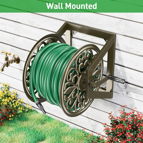 Heavy Duty Garden Hose Reel With Wall And Floor Mount Decorative Hose Holder And Winder For Outdoor Storage Built Tough Steel Construction Holds 200 Feet Of Five Eighths Inch Hose Not Included Keeps Yard Neat And Tidy mounted on wall