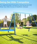3 In 1 Outdoor Swing Set With Saucer Swing Belt Seat And 4 Ft Trampoline Heavy Duty A Frame Metal Stand With Safety Stakes 440 Lb Capacity Backyard Playground For Toddlers 3 To 8 Years Old