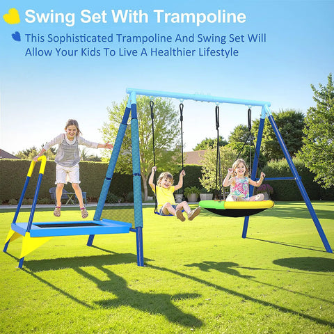 3 In 1 Outdoor Swing Set With Saucer Swing Belt Seat And 4 Ft Trampoline Heavy Duty A Frame Metal Stand With Safety Stakes 440 Lb Capacity Backyard Playground For Toddlers 3 To 8 Years Old