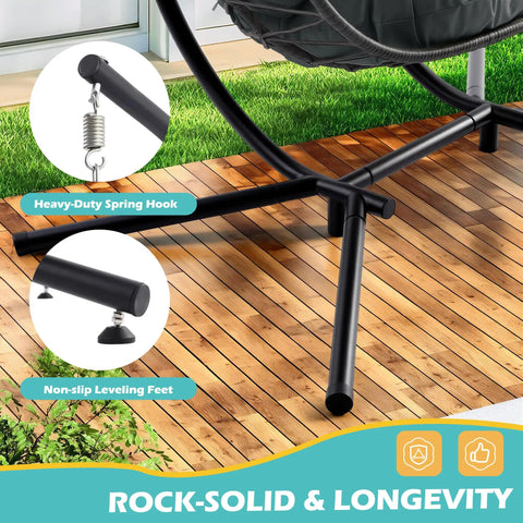 Close-up of Double Outdoor Hanging Egg Chair With Stand and Oversized Cushion, showcasing thick metal frame and sturdy foot.