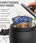 Ultra Quiet Rock Tumbler Kit For Kids And Adults, 2 Pound Barrel With Rocks Grit GemFoam And Patent Pending Polishing System shown with accessories and open barrel filled with rocks and supplies