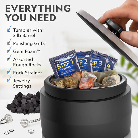 Ultra Quiet Rock Tumbler Kit For Kids And Adults, 2 Pound Barrel With Rocks Grit GemFoam And Patent Pending Polishing System shown with accessories and open barrel filled with rocks and supplies