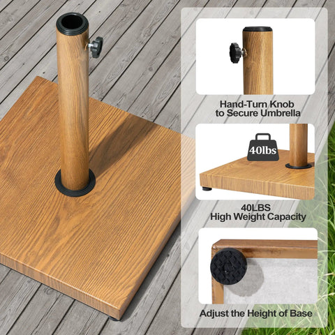 Beefy 43 Lb Concrete Patio Umbrella Base Teak Brown Square Outdoor Stand with adjustable poles and steel for wind resistance.