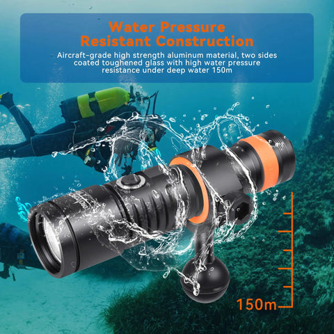 Lit Underwater Video Light 1200 Lumens 6500K With 120 Degree Wide Beam IP68 Waterproof To 150m Dual Modes ZJ18 Ball Joint displayed underwater