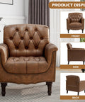 Faux Leather Accent Chairs Set Of 2 For Living Room And Bedroom - Comfy Club Armchairs With Button Tufting, Brown Upholstery