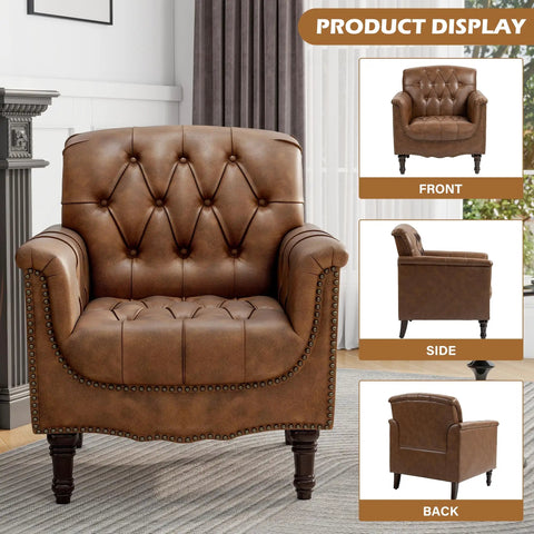 Faux Leather Accent Chairs Set Of 2 For Living Room And Bedroom - Comfy Club Armchairs With Button Tufting, Brown Upholstery