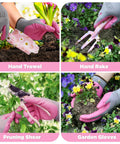 Flower Pattern Aluminum Garden Tool Set With Gloves In Pink Gift Box showing trowel, rake, pruning shear in use.