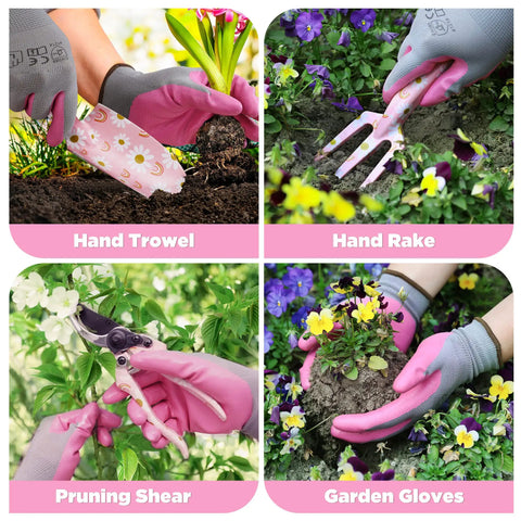 Flower Pattern Aluminum Garden Tool Set With Gloves In Pink Gift Box showing trowel, rake, pruning shear in use.