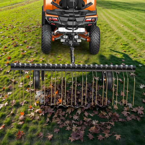 60 Inch Tow Behind Dethatcher For Lawn And ATV, Heavy Duty Lawn Rake With 24 Spring Steel Tines, Lift Handle removing debris