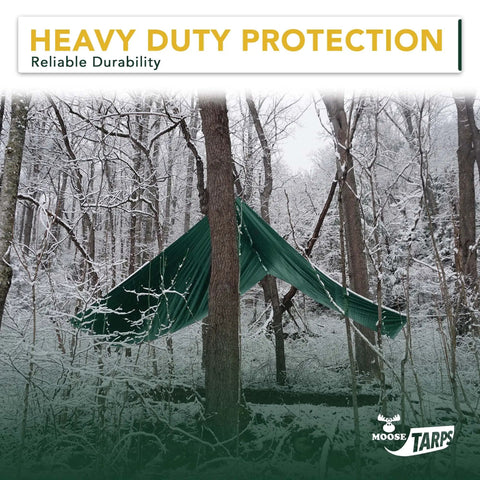 Heavy Duty Waterproof Tarp 20x25 Ft Reversible Green And Brown 12 Mil Thick Poly Sheet sheltering trees in snowy forest