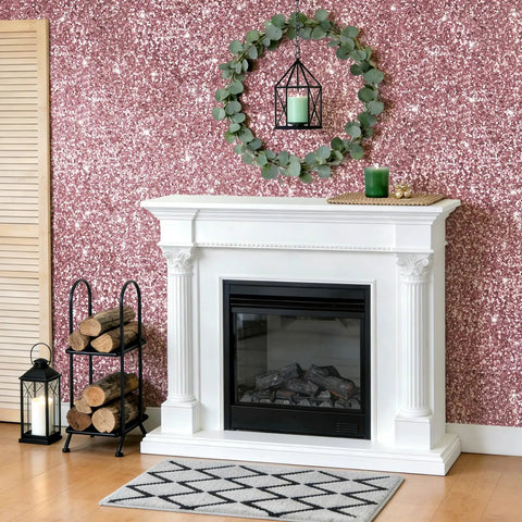 Totally Fresh Mauve Pink Chunky Glitter Peel And Stick Wallpaper For Accent Walls And Vanity Backsplash Premium Self Adhesive Fabric Vinyl Room Decor Slays Hard covering a fireplace area.