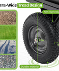 Heavy Duty Steel Dump Cart Trailer with 600 lb load capacity featuring extra-wide 16-inch tires and non-slip texture for ATV lawn tractor.
