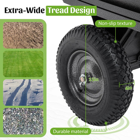 Heavy Duty Steel Dump Cart Trailer with 600 lb load capacity featuring extra-wide 16-inch tires and non-slip texture for ATV lawn tractor.
