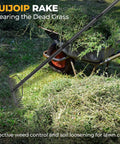 Extra Wide 17 Inch Double Sided Garden Rake clearing dead grass, in use with wheelbarrow, heavy duty lightweight stainless steel construction