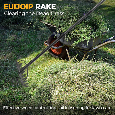 Extra Wide 17 Inch Double Sided Garden Rake clearing dead grass, in use with wheelbarrow, heavy duty lightweight stainless steel construction