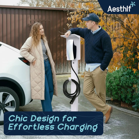 Outdoor EV Charger Pedestal Stand For Tesla And J1772 Type 2 Chargers Built Tough Weatherproof, two people at charger