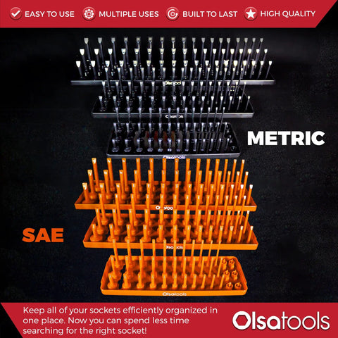 Six Piece Three Row Socket Organizer Trays In Orange For One Quarter Three Eighths One Half Inch Drive Keeps Sockets Neat And Ready With Deep And Shallow Toolbox Storage For SAE And Metric Sets