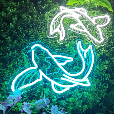 Koi Fish Neon Sign Ice Blue And White LED Light Art, 14 Inch Acrylic Flex Neon, 3D signage on leafy background.