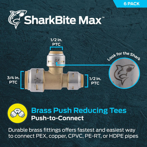 Reducing Slip Tee Three Quarter Inch To One Half Inch And One Half Inch Brass Push To Connect Plumbing Fitting Pack Of Six