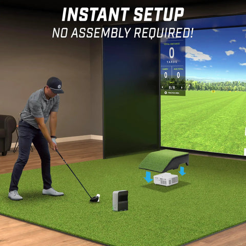 Golfer using Golf Simulator Projector Cover With Turf Floor Mounted Enclosure For LED Projectors in virtual scene
