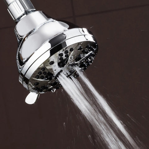Six Setting Chrome Shower Head With 2.5 GPM Flow Delivers Beast Mode Power Even On Low Water Pressure in action spraying water