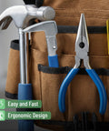 Tool belt with hammer, pliers, and nail puller beside ergonomic design icons, ideal for Cat's Paw Nail Puller Tool 8 Inch Built Tough Forged Steel