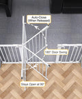 Extra Wide Baby Gate For Stairs And Doorways 57 Inch Extended White Walk Through Safety Gate For Kids And Pets shown with auto-close feature