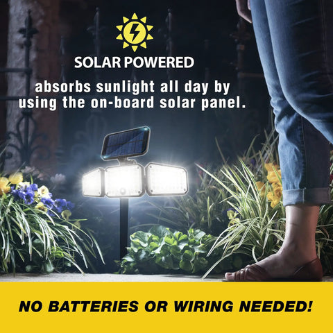 Bionic Motion Sensing Solar Powered LED Black Flood Light, Wireless Outdoor Floodlight illuminating garden at night.