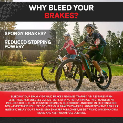 Two cyclists riding with SRAM Compatible Hydraulic Brake Bleed Kit, text about spongy brakes and stopping power visible.