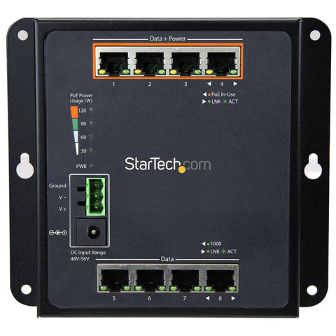 Rock Solid Eight Port Gigabit PoE Switch With Four Powered Ports And One Twenty Watt Budget front view with data and power connections.
