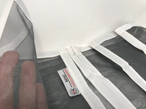Close-up of a white Magnetic Fiberglass Door Screen For Patio And Front Doors, 72x80 Inch Fit, showing mesh and self-sealing closure.