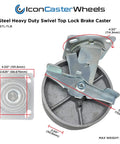 Heavy Duty 6 Inch Steel Casters With Top Lock Brake And Rigid Plates Set Of Four with measurements and details.