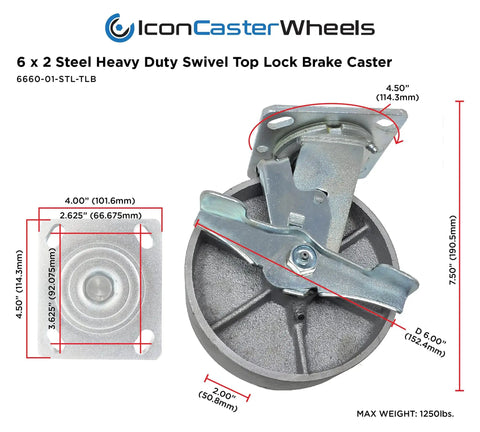Heavy Duty 6 Inch Steel Casters With Top Lock Brake And Rigid Plates Set Of Four with measurements and details.