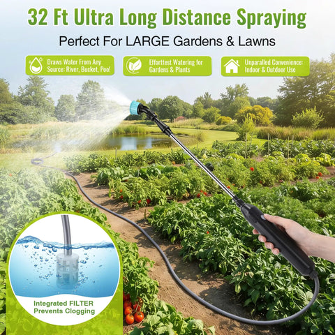 Battery Powered Sprayer Wand With 32 Ft Hose And 3 Adjustable Speeds spraying water in a garden with a handle and long wand