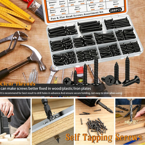 Heavy Duty 288 Piece Black Wood And Sheet Metal Screws Kit sizes 4 6 8 10 with Phillips pan and flat heads in box