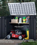 Store It Out Prime Outdoor Resin Storage Shed With Easy Lift Hinges 4.3 By 3.7 Ft open, showing garden tools and lawn mower inside