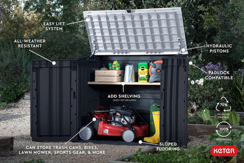 Store It Out Prime Outdoor Resin Storage Shed With Easy Lift Hinges 4.3 By 3.7 Ft open, showing garden tools and lawn mower inside